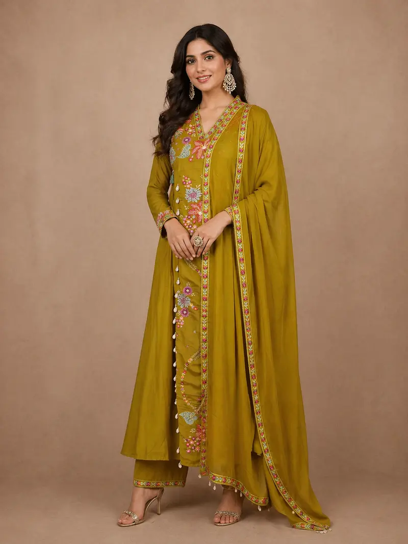 Mustard Yellow Floral Crepe Salwar Suit – Lightweight Festive & Casual Wear 1