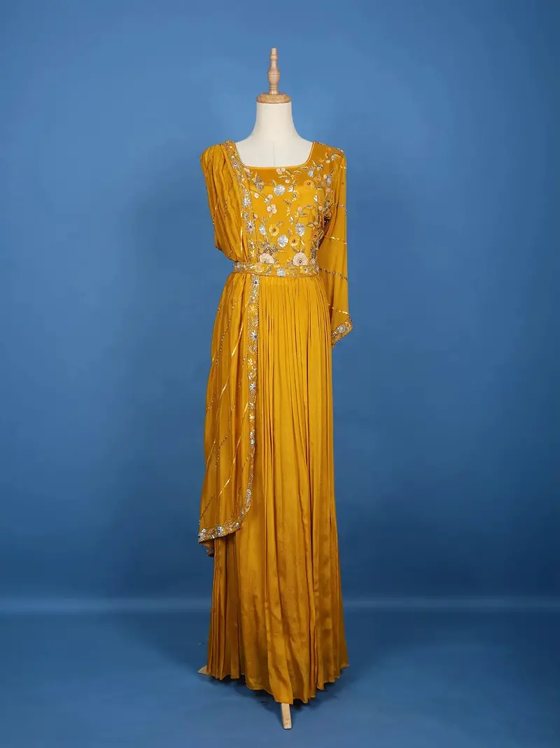 Mustard Yellow Floral Design And Sequins Embroidery Crepe Kurtis 1