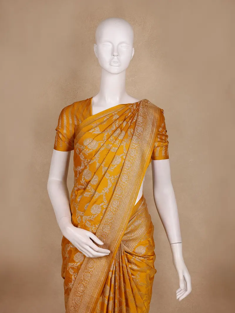 Mustard Yellow Floral Design Banarasi Saree 1