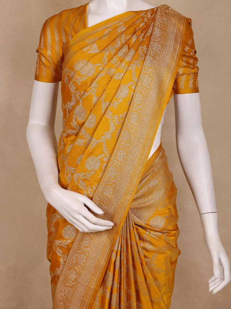 Mustard Yellow Floral Design Banarasi Saree 2