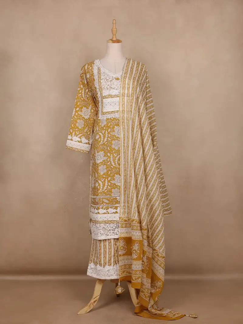 Mustard Yellow Floral Design Cotton Salwar Suit 1