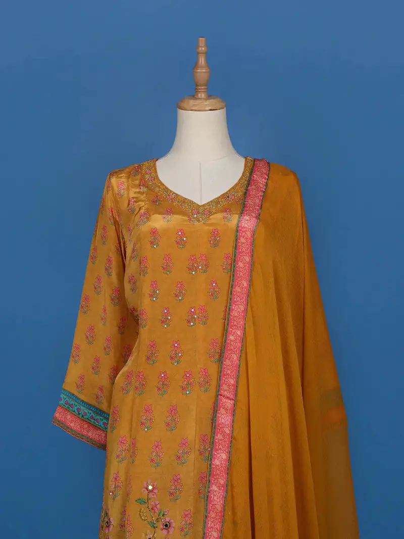 Mustard Yellow Floral Design Cotton Salwar Suit 2