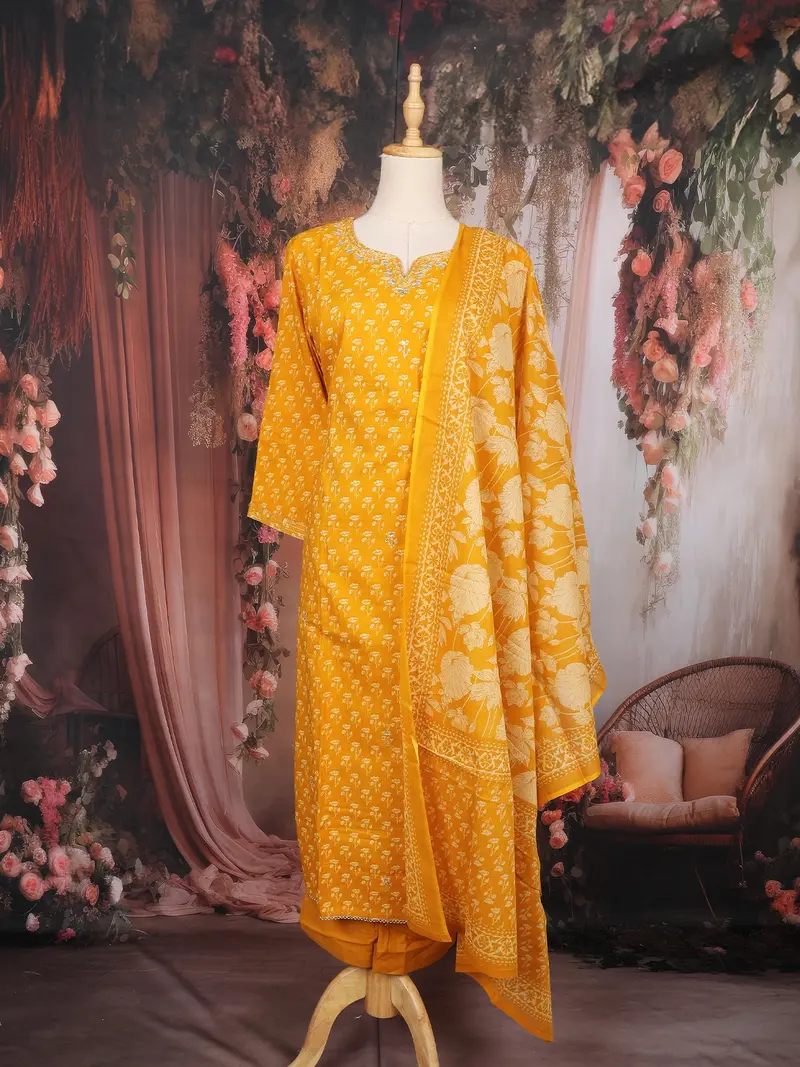 Mustard Yellow Floral Design Cotton Salwar With Dupatta 1
