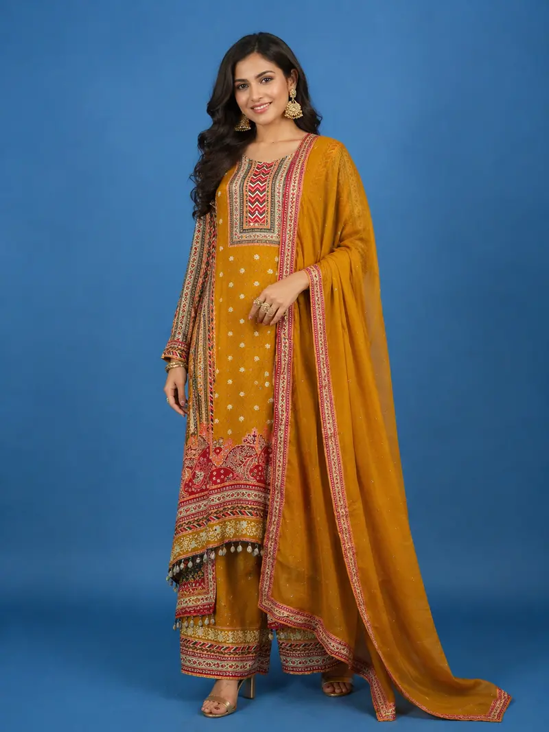Mustard Yellow Floral Design Crepe Palazzo Salwar Suit 1