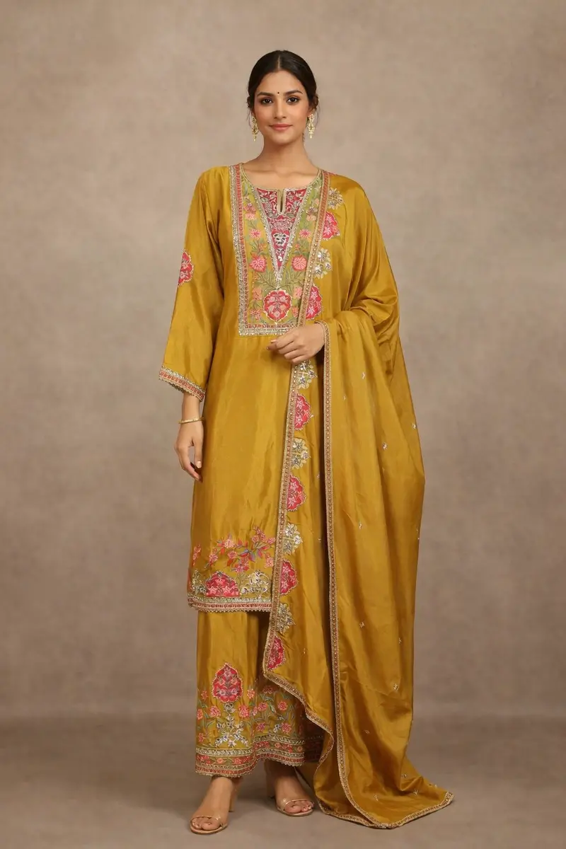 Mustard Yellow Floral Design Georgette Palazzo Salwar Suit 1