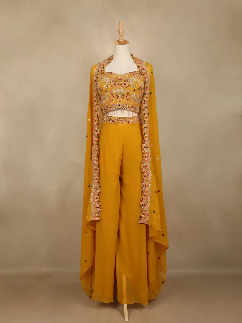 Mustard Yellow Floral Design Georgette Palazzo Salwar Suit 1