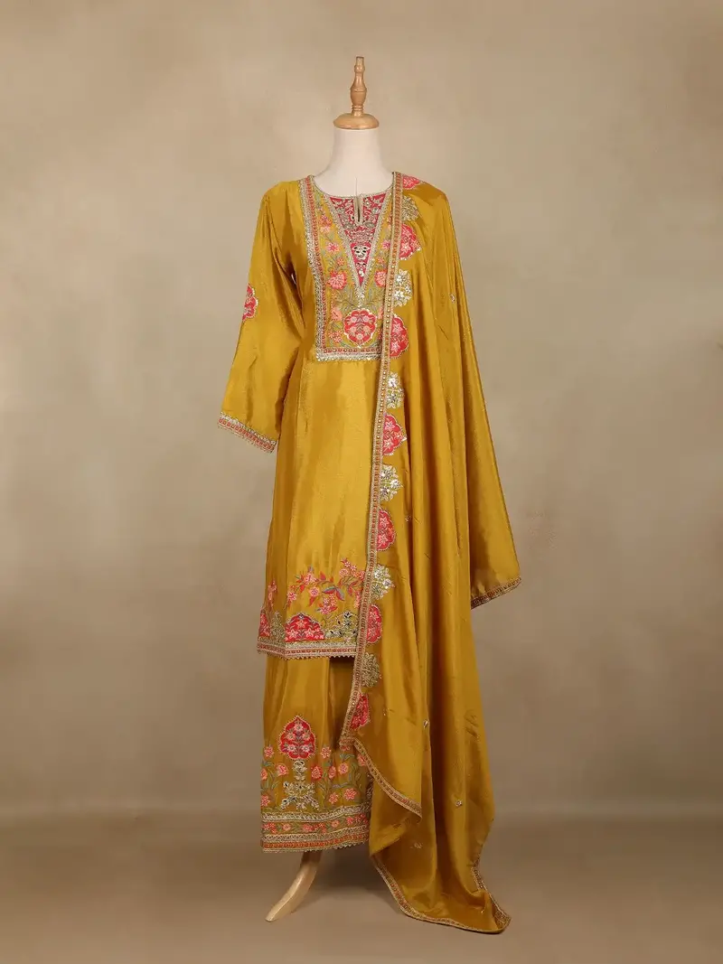 Mustard Yellow Floral Design Georgette Palazzo Salwar Suit 2