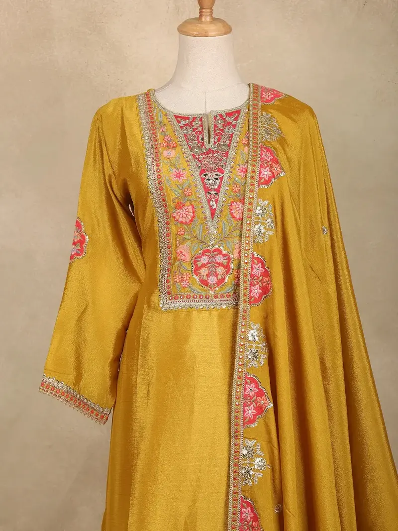 Mustard Yellow Floral Design Georgette Palazzo Salwar Suit 3