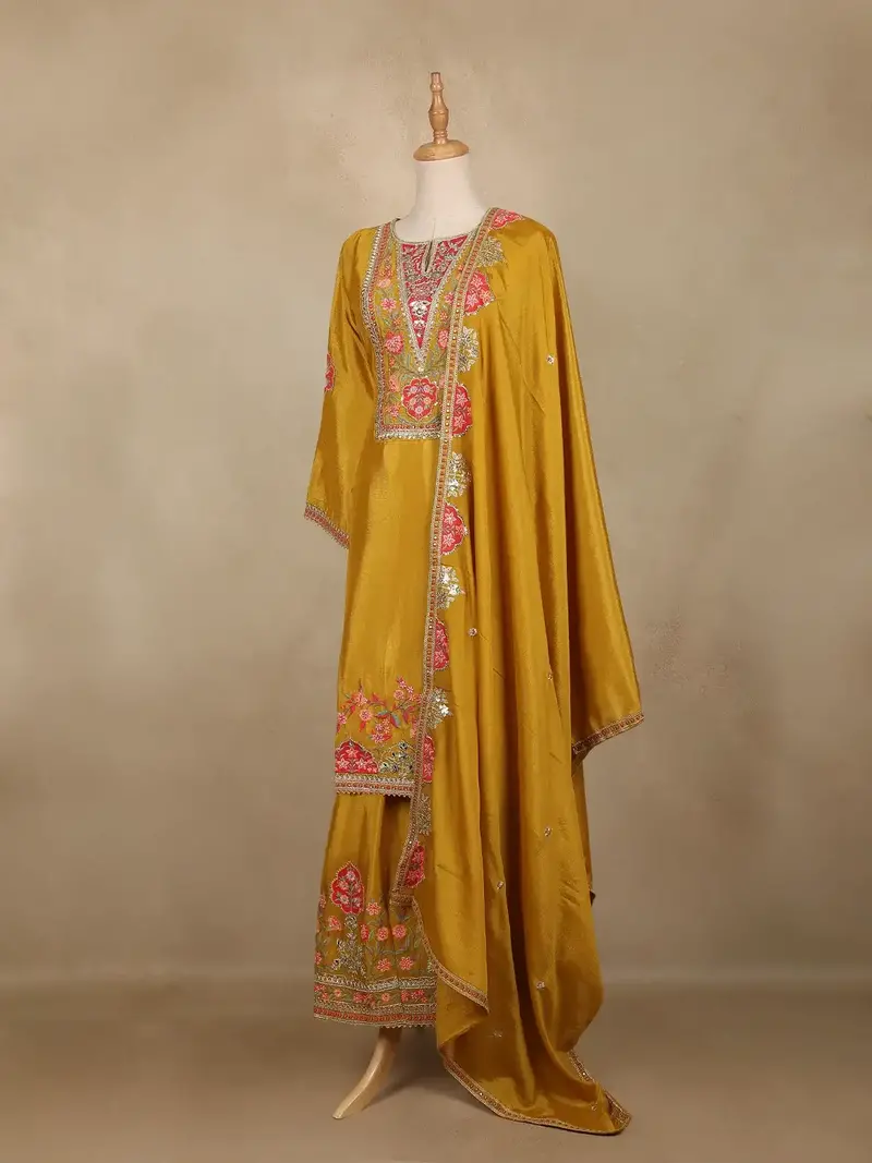Mustard Yellow Floral Design Georgette Palazzo Salwar Suit 4