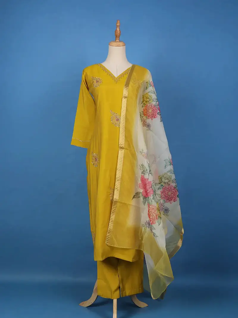 Mustard Yellow Floral Design Georgette Salwar Suit 1