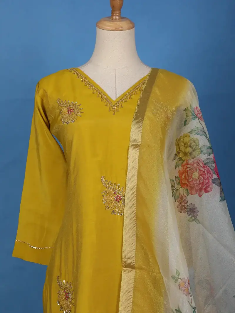 Mustard Yellow Floral Design Georgette Salwar Suit 2