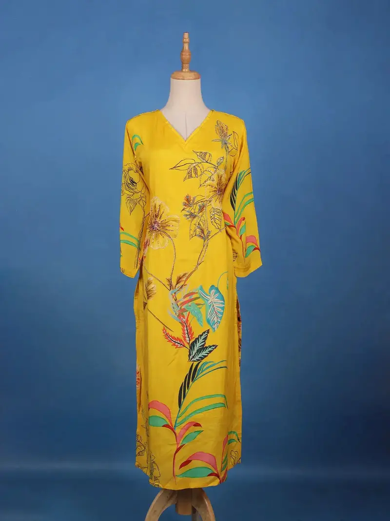Mustard Yellow Floral Design Printed Cotton Kurti 1