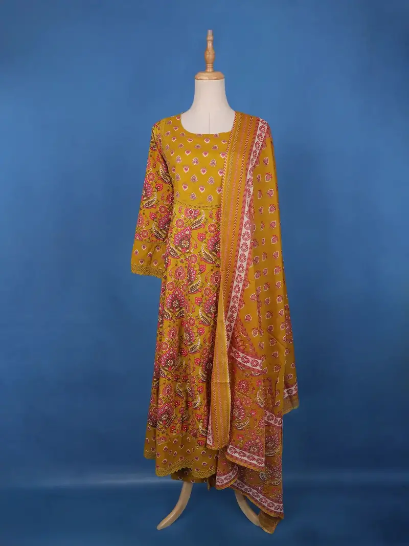 Mustard Yellow Floral Design Printed Cotton Salwar Suit 1