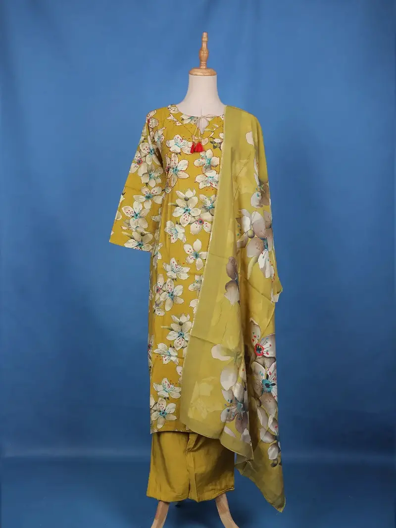 Mustard Yellow Floral Design Printed Cotton Salwar Suit 1
