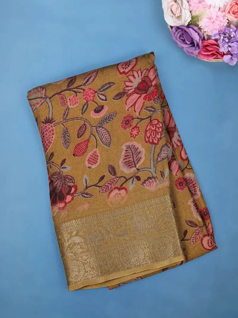 Mustard Yellow Floral Design Printed Cotton Saree 1