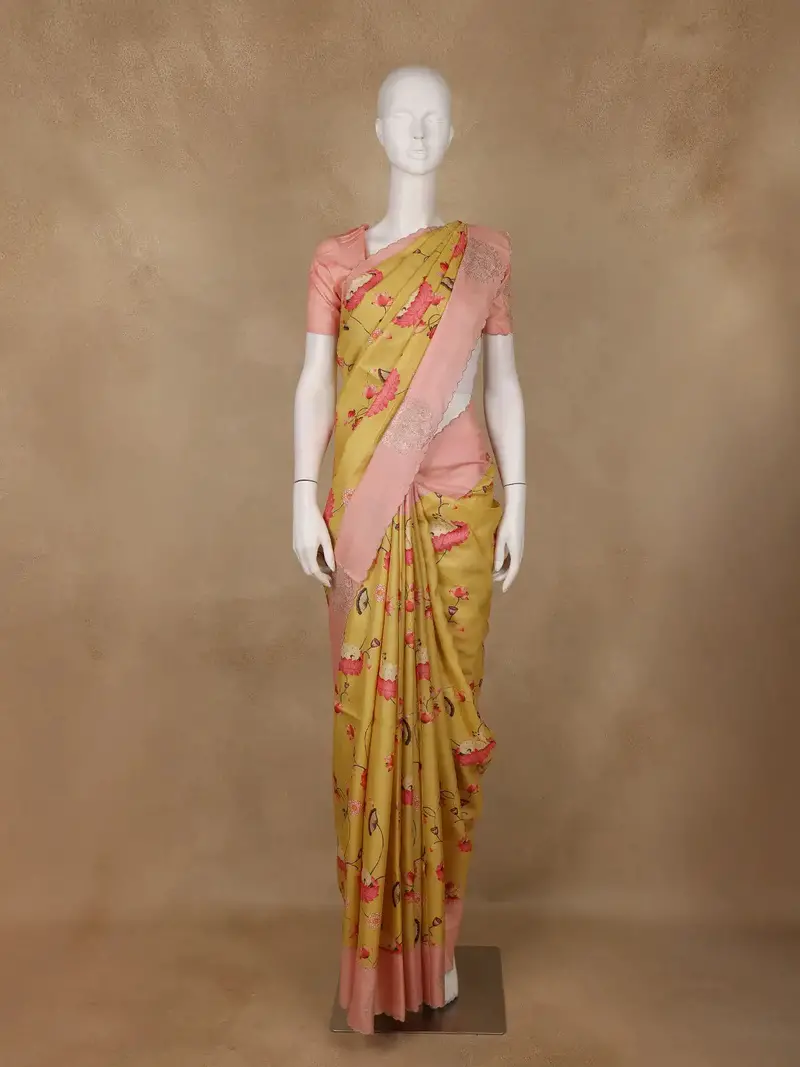 Mustard Yellow Floral Design Pure Tissue Silk Saree 1