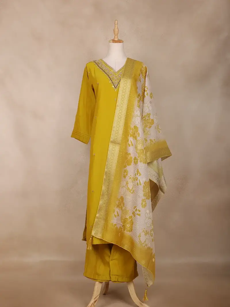 Mustard Yellow Floral Design Semi Silk Straight Cut Salwar Suit 1