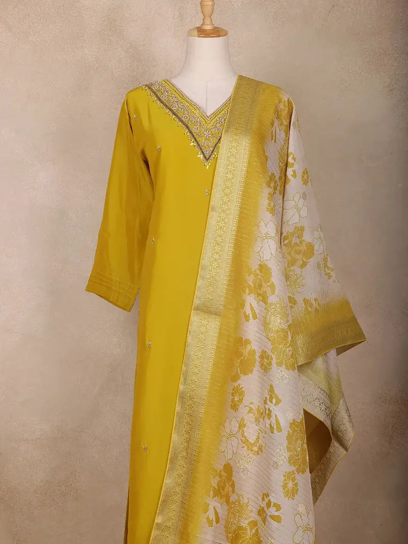 Mustard Yellow Floral Design Semi Silk Straight Cut Salwar Suit 2