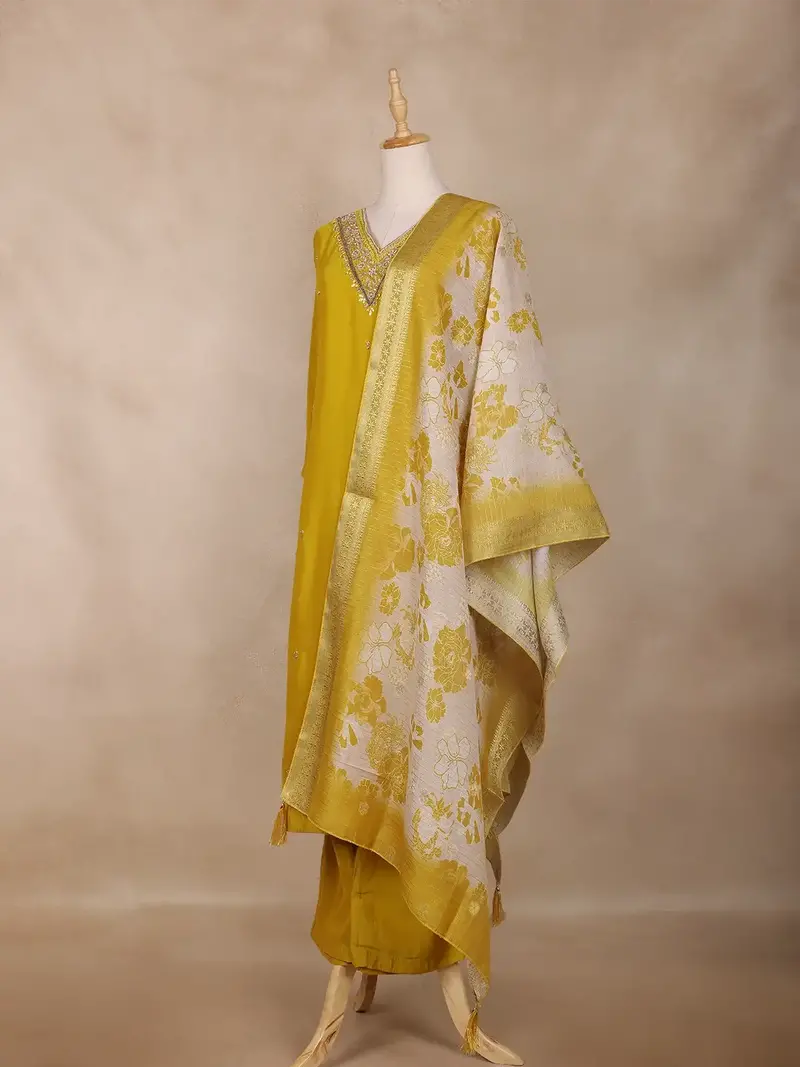 Mustard Yellow Floral Design Semi Silk Straight Cut Salwar Suit 3