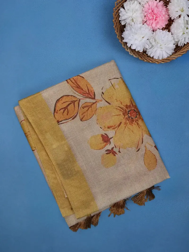 Mustard Yellow  Floral Design Semi Tissue Saree 1