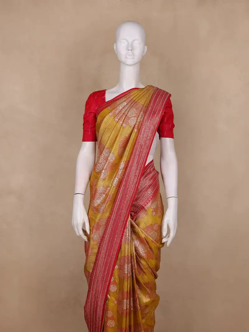 Mustard Yellow Floral Design Tissue Saree 2
