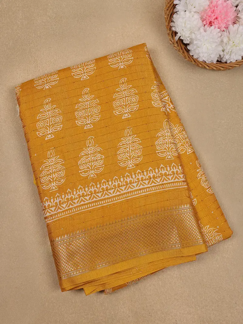 Mustard Yellow Floral Designed Cotton Saree 1