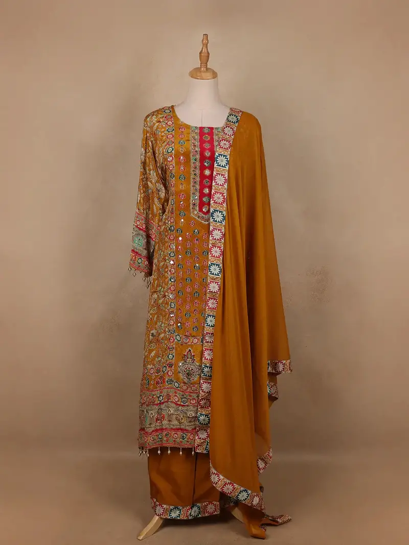 Mustard Yellow Floral Designed Semi Silk Salwar Suit 1