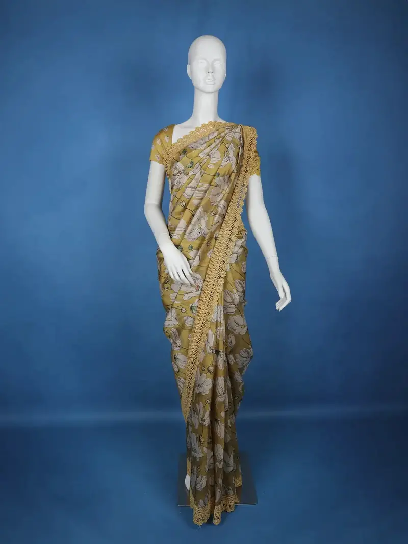 Mustard Yellow Floral Designed Semi Tussar Saree 1