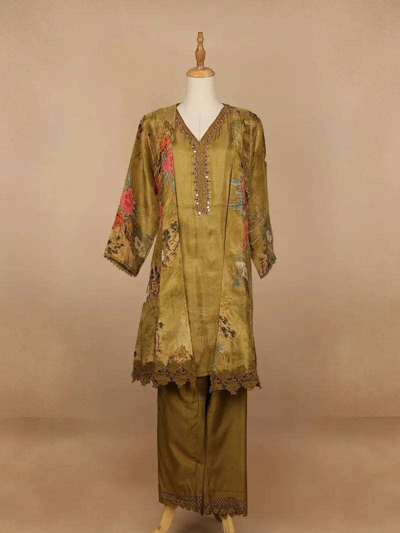 Mustard Yellow Floral Designed Tissue Silk Salwar Suit 1