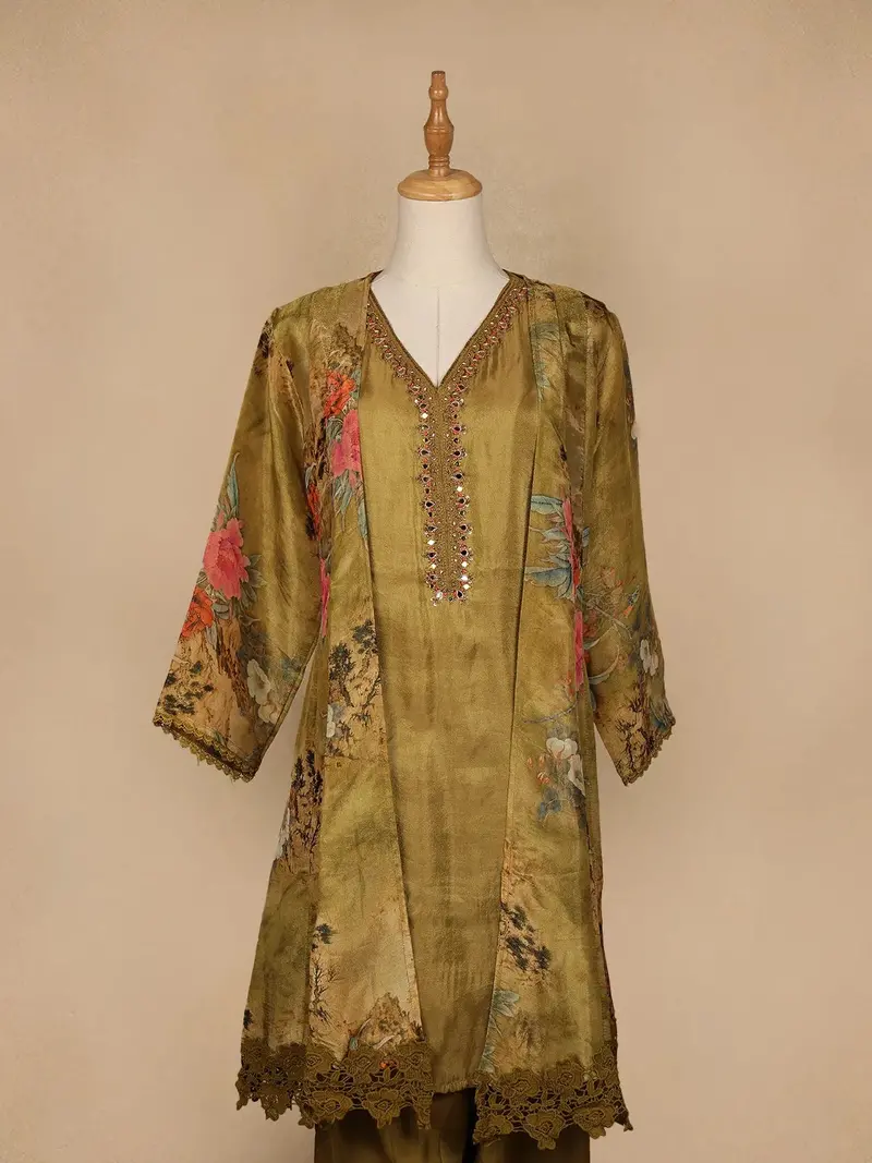 Mustard Yellow Floral Designed Tissue Silk Salwar Suit 2