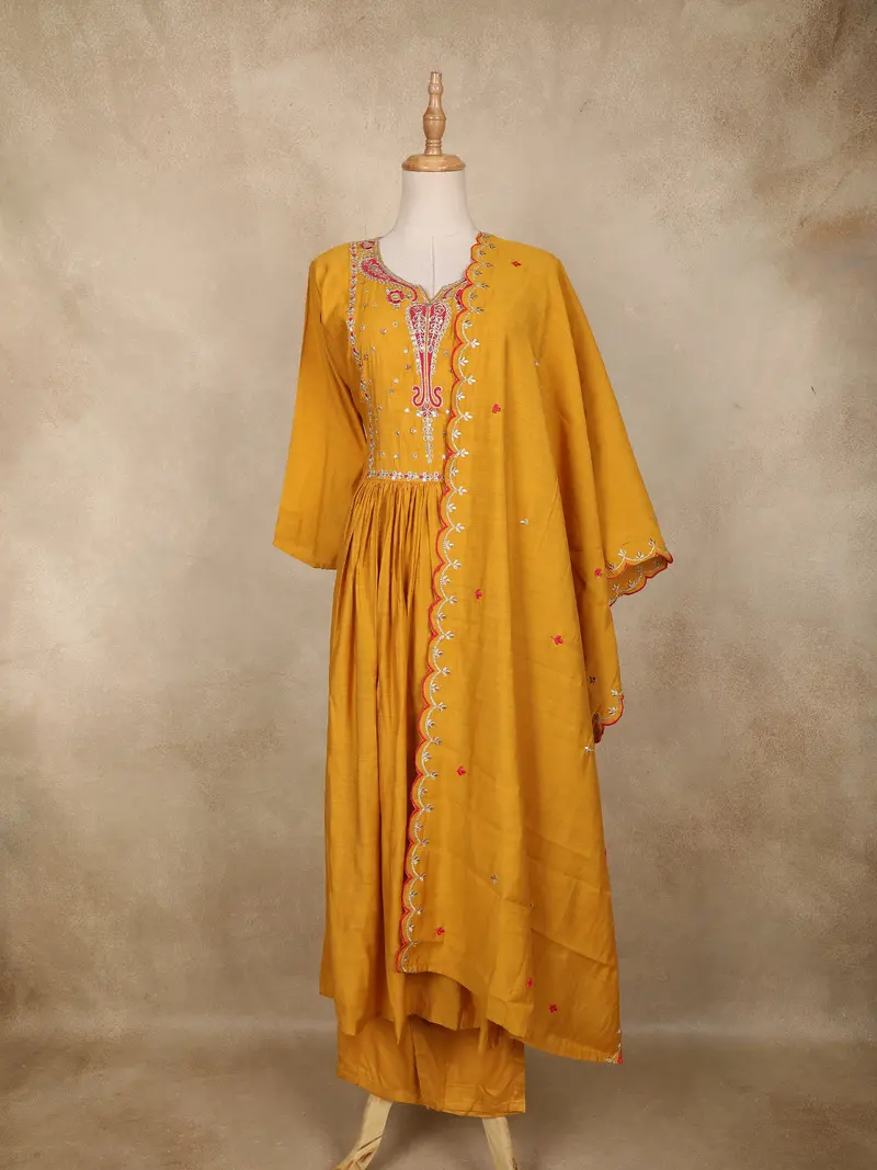 Mustard Yellow Floral Embroidered Cotton Anarkali Suit With Dupatta 1