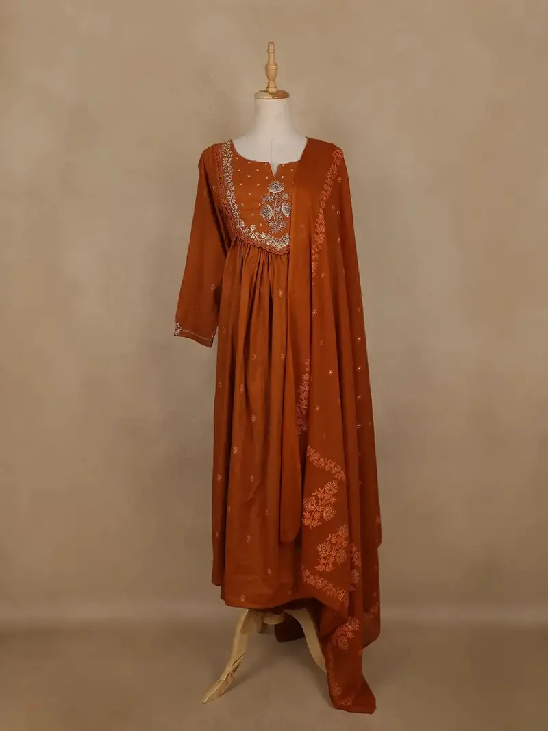 Mustard Yellow Floral Embroidered Cotton Salwar Suit With Dupatta 1