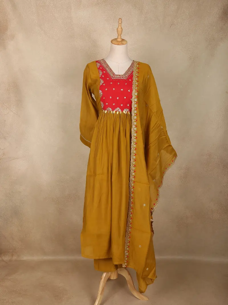 Mustard Yellow Floral Embroidered Design Cotton Anarkali Salwar Suit 1