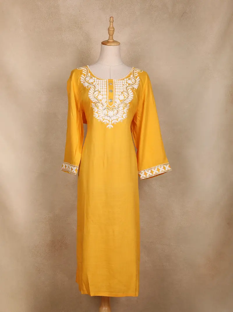 Mustard Yellow Floral Embroidered Design Cotton Kurti 1