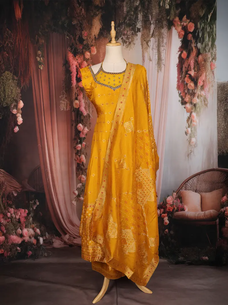 Mustard Yellow Floral Embroidered Design Silk Palazzo Suit With Designer Dupatta 1