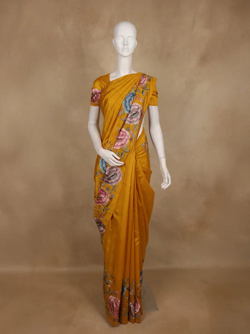 Mustard Yellow Floral Embroidered Design Tussar Saree 1