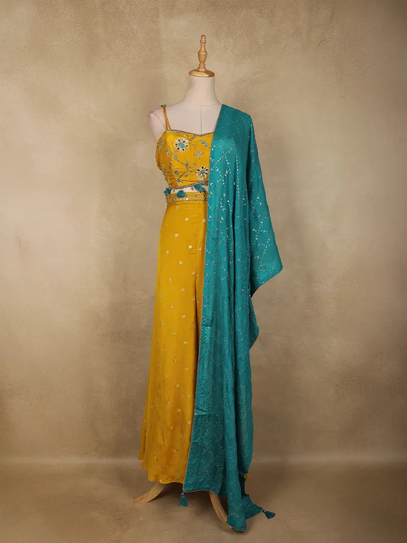 Mustard Yellow Floral Embroidered Georgette Palazzo Suit With Dupatta 1