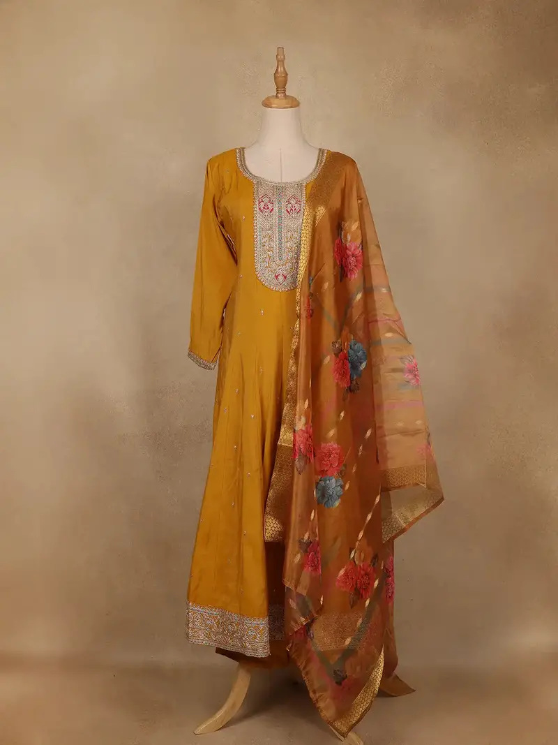 Mustard Yellow Floral Embroidered Semi Silk Salwar Suit 1