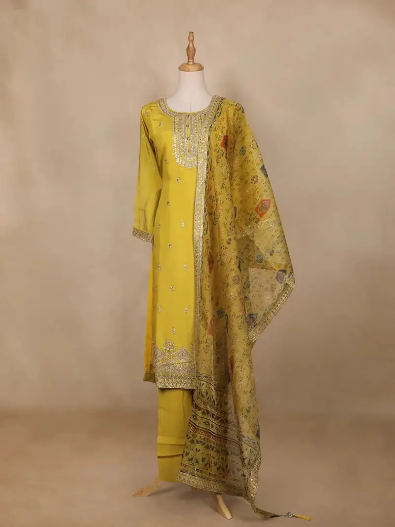 Mustard Yellow Floral Embroidered Semi Silk Salwar Suit 1