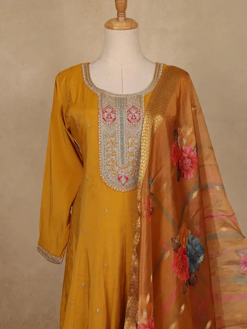 Mustard Yellow Floral Embroidered Semi Silk Salwar Suit 2