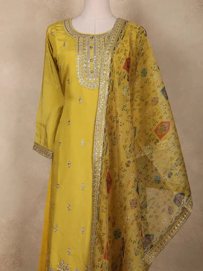 Mustard Yellow Floral Embroidered Semi Silk Salwar Suit 2