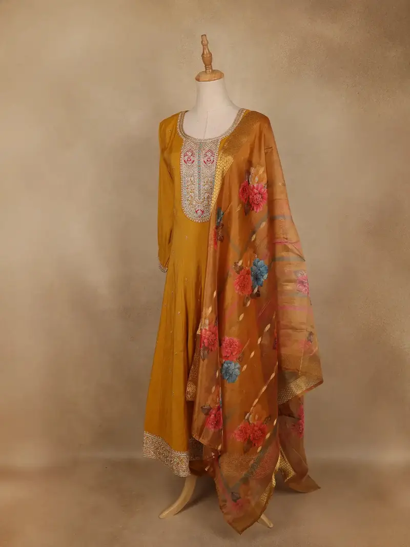 Mustard Yellow Floral Embroidered Semi Silk Salwar Suit 3