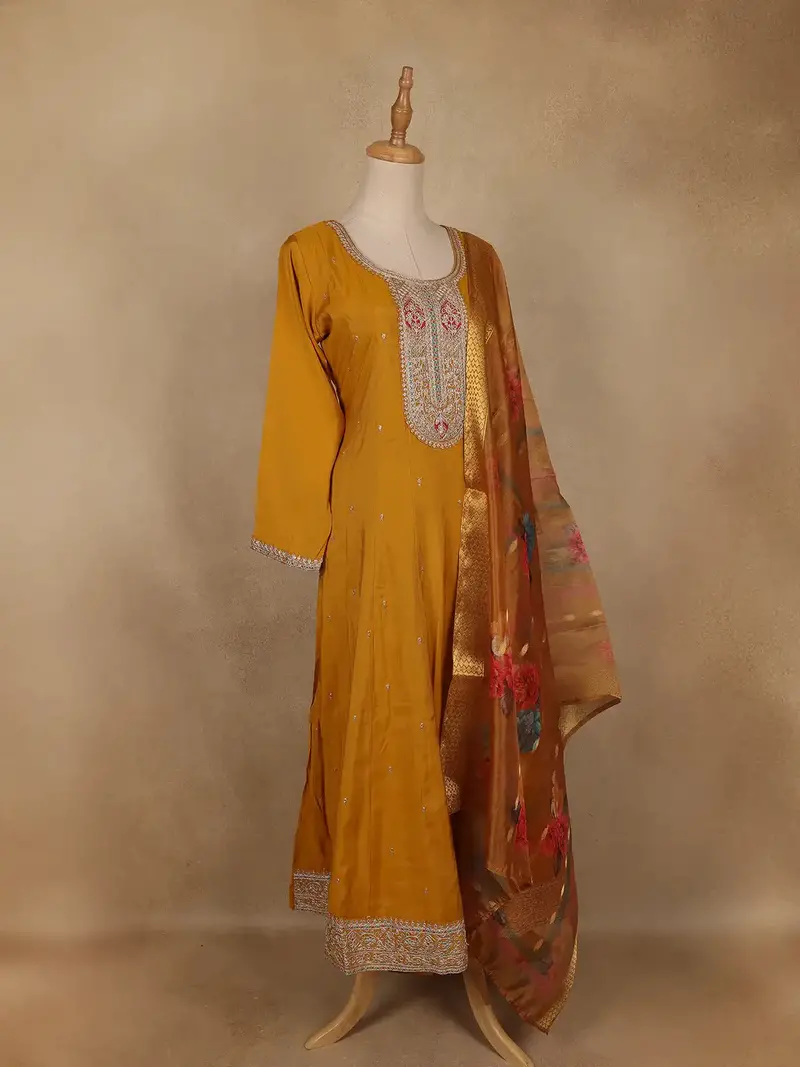 Mustard Yellow Floral Embroidered Semi Silk Salwar Suit 4