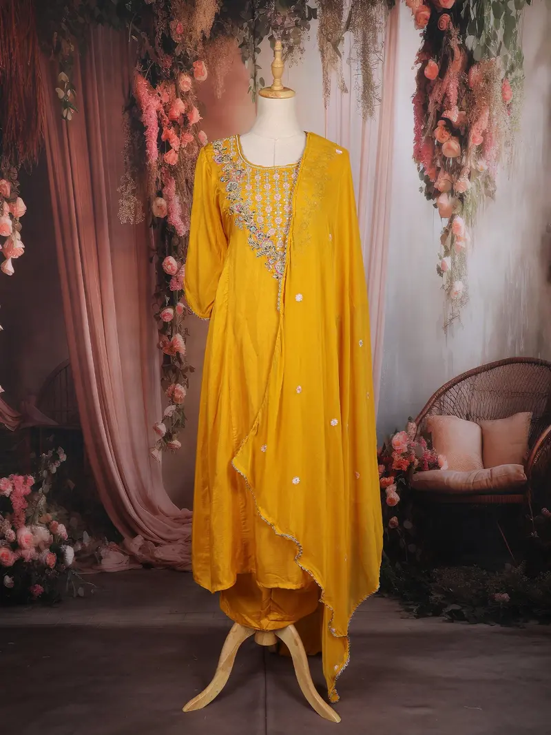 Mustard Yellow Floral Embroidered Silk Blend Salwar Suit With Dupatta 1