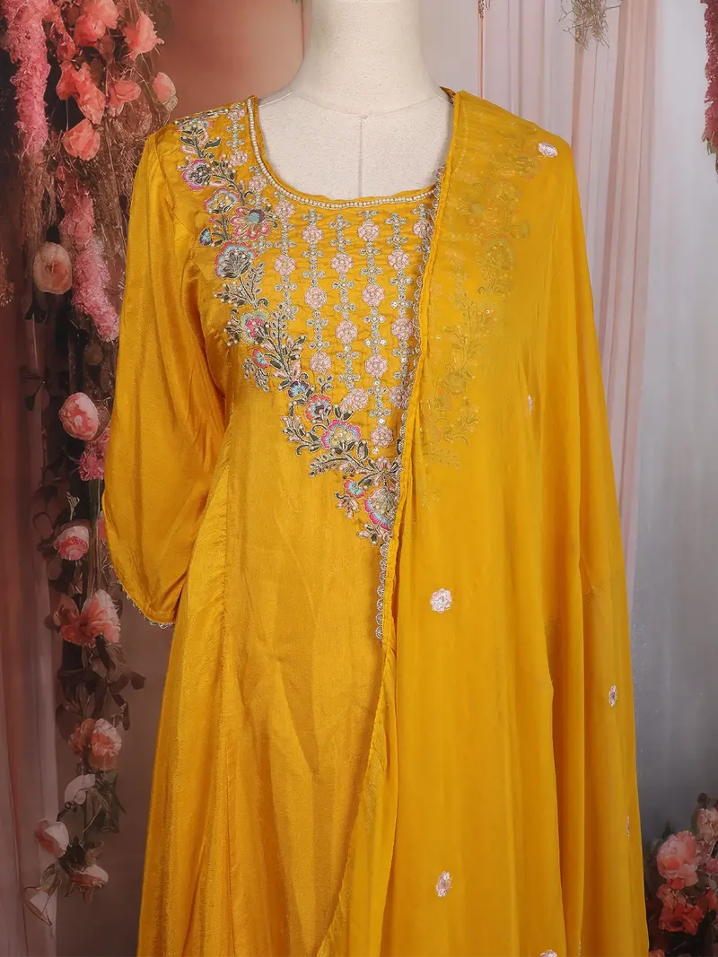 Mustard Yellow Floral Embroidered Silk Blend Salwar Suit With Dupatta 2