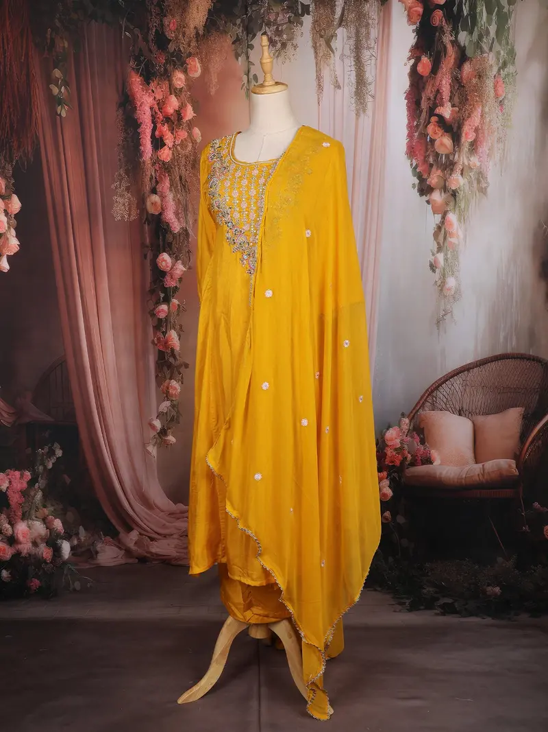 Mustard Yellow Floral Embroidered Silk Blend Salwar Suit With Dupatta 3
