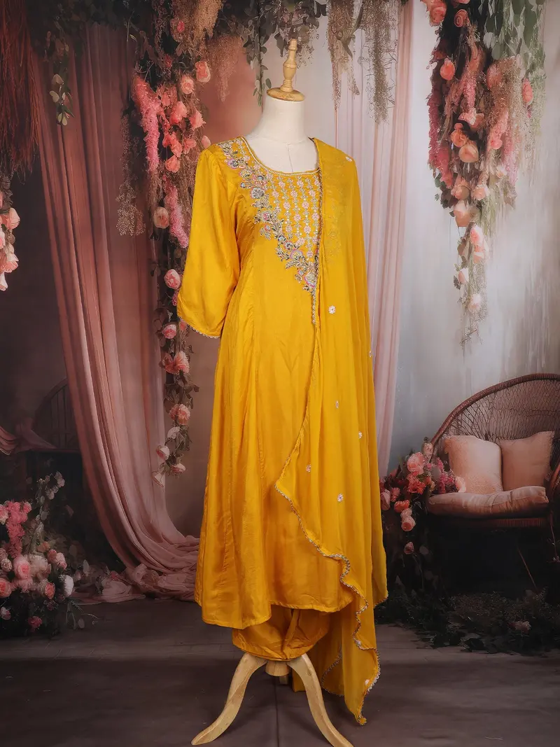 Mustard Yellow Floral Embroidered Silk Blend Salwar Suit With Dupatta 4