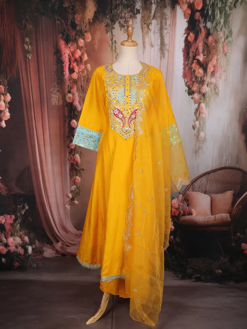 Mustard Yellow Floral Embroidered Silk Cotton Salwar Suit With Dupatta 1