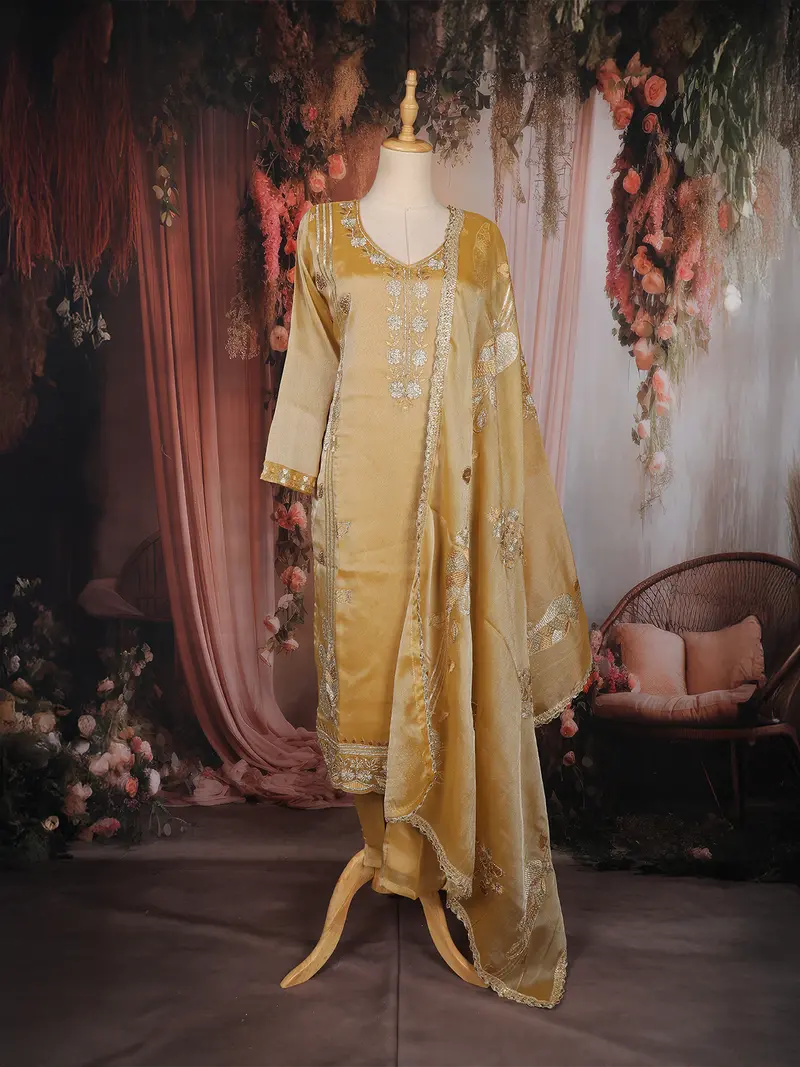 Mustard Yellow Floral Embroidered Tissue Organza Salwar Suit With Dupatta 1