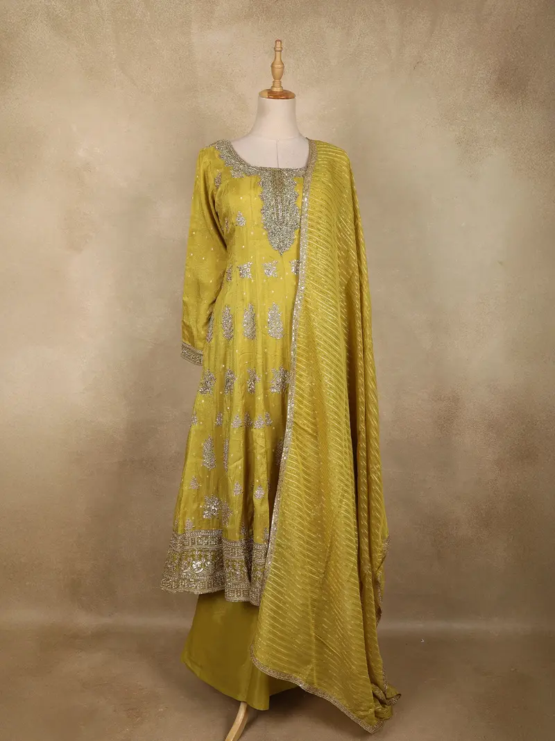 Mustard Yellow Floral Embroidered Tissue Silk Palazzo Suit With Striped Dupatta 1